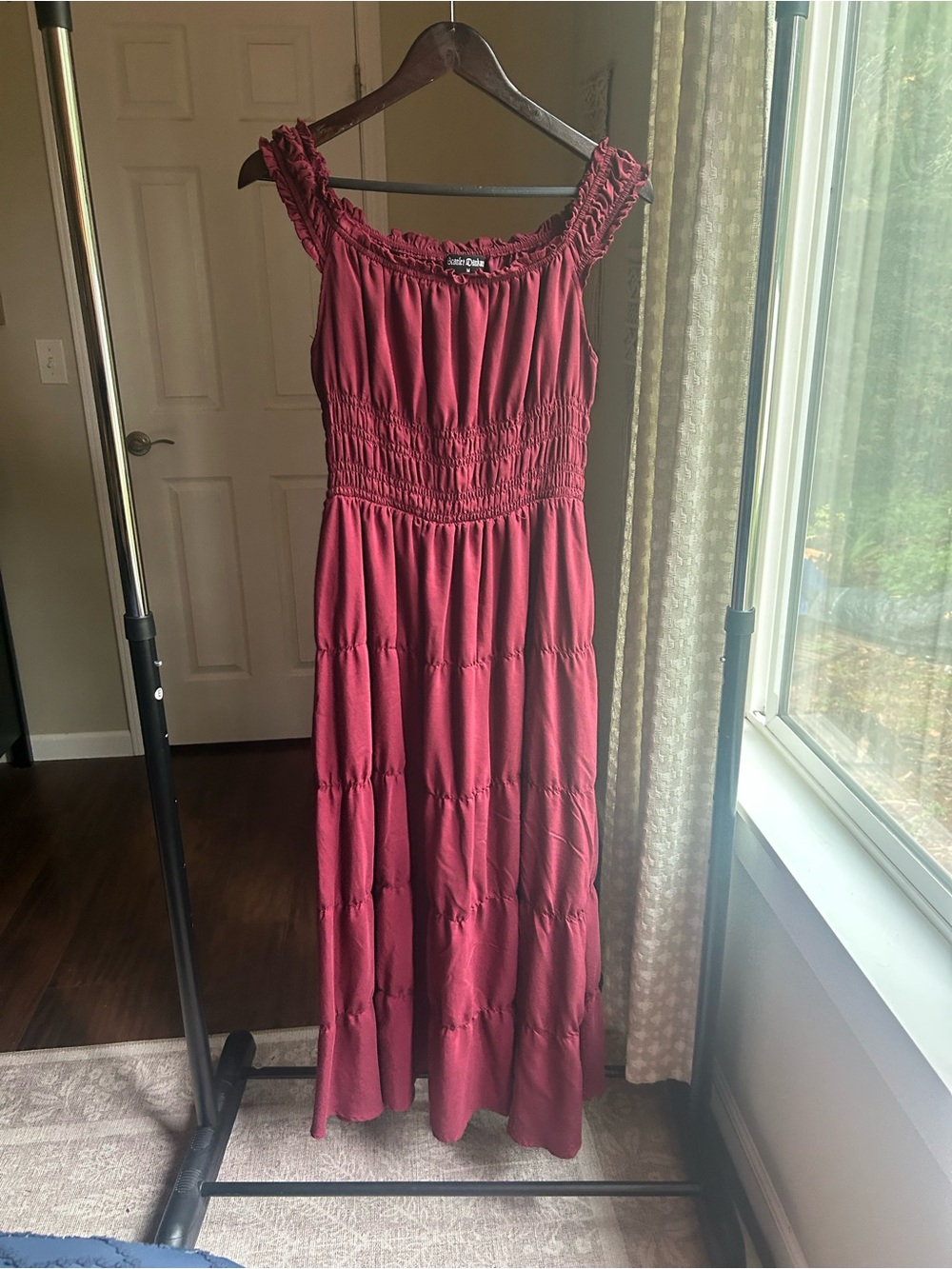 Scarlet Darkness Smocked Maxi Dress in Burgundy with Ruffled Straps